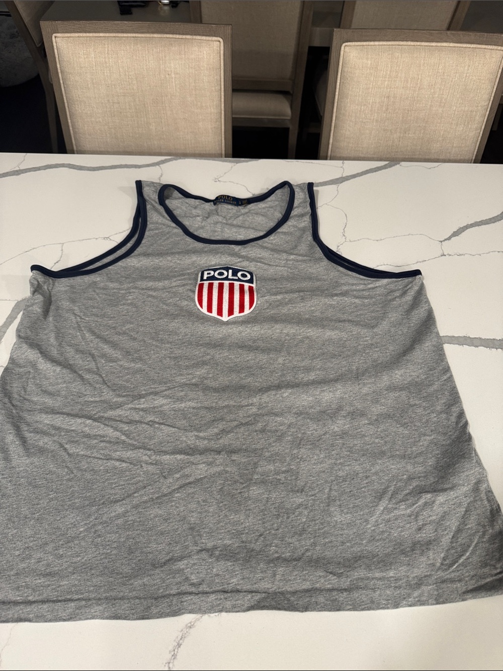 Polo by Ralph Lauren Grey Tank Top with Navy Trim and Red Shield